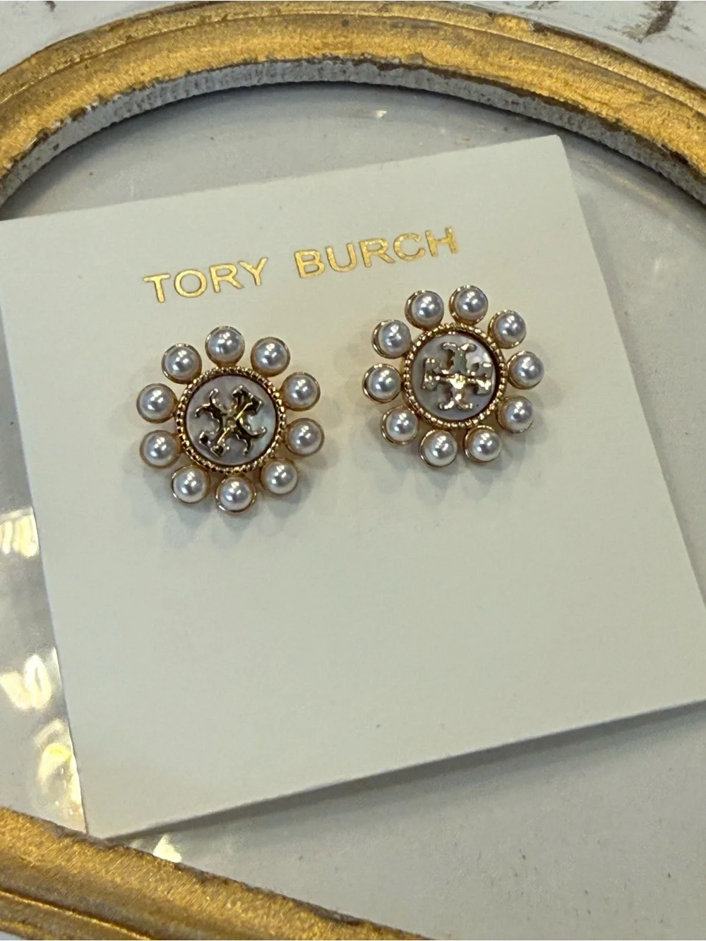 New Tory Kira Gold Logo Pearl Flower Stud Earrings